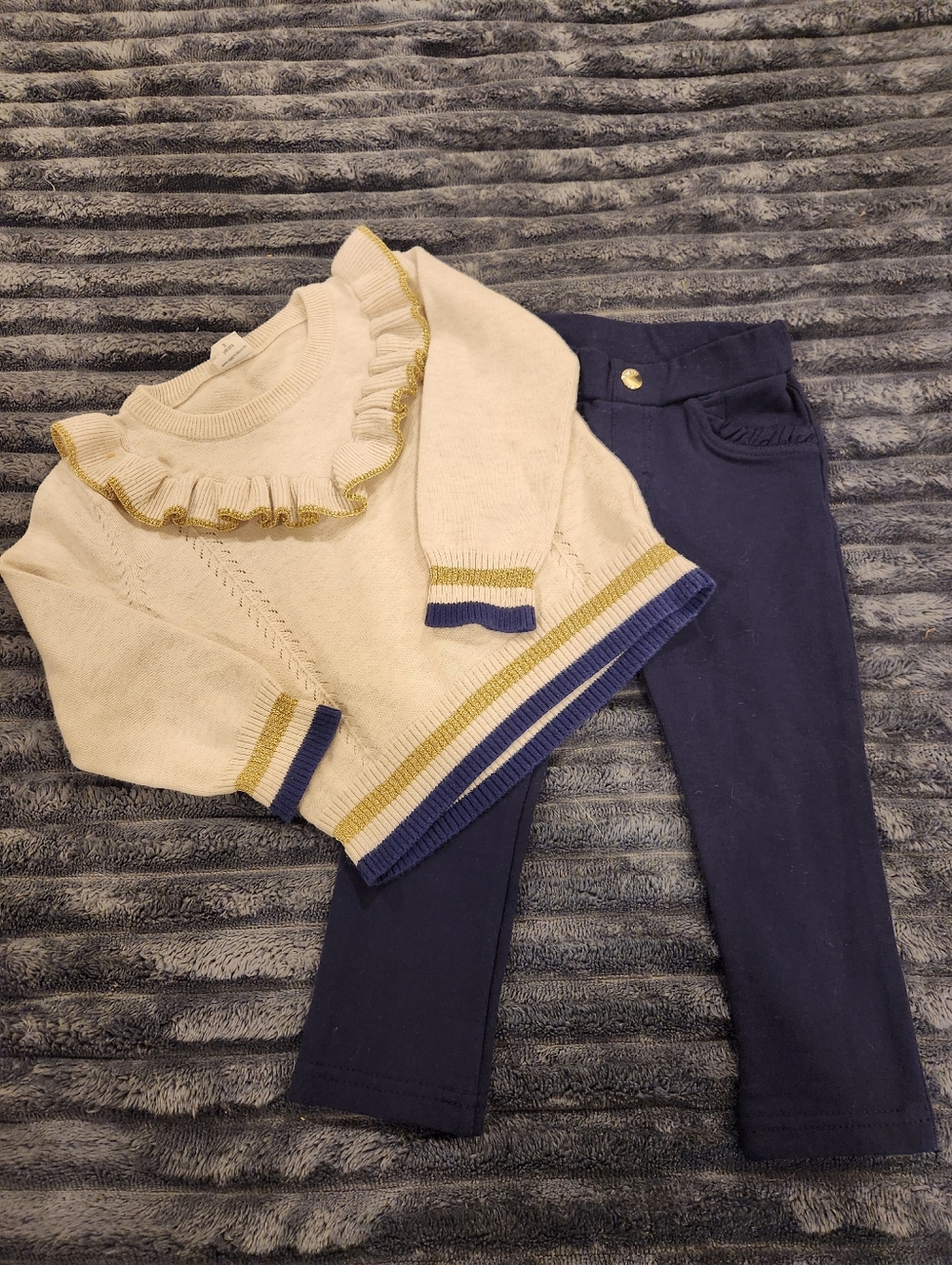 Toddler Cream Ruffle Knit Sweater with Navy Leggings Set